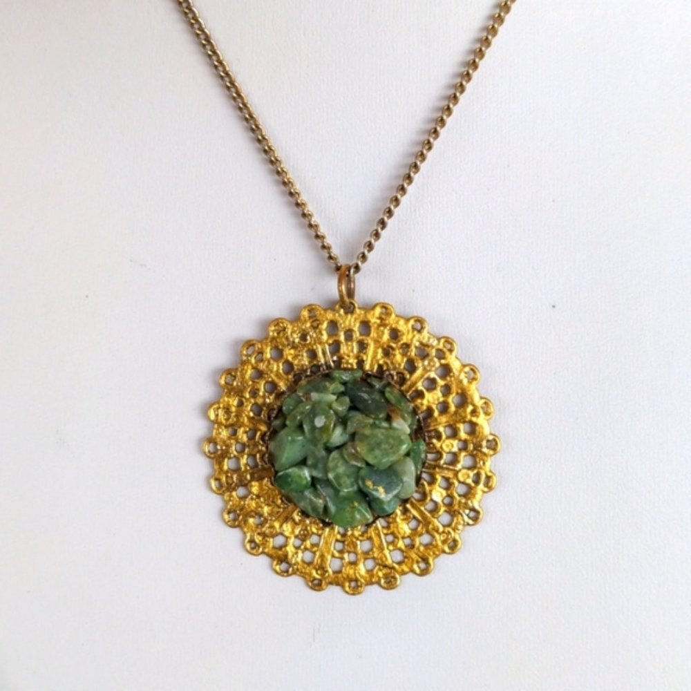 Vintage gold tone necklace with natural green jade stones